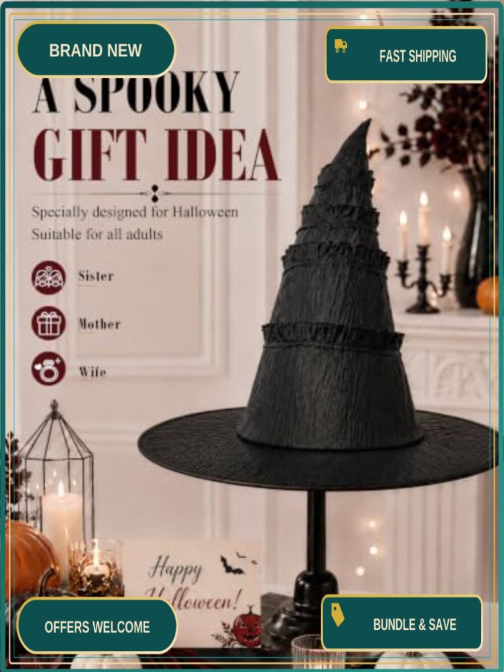 Halloween Witch Hat Costume Cosplay Lace Wide Brim Party Accessory - Picture 6 of 6